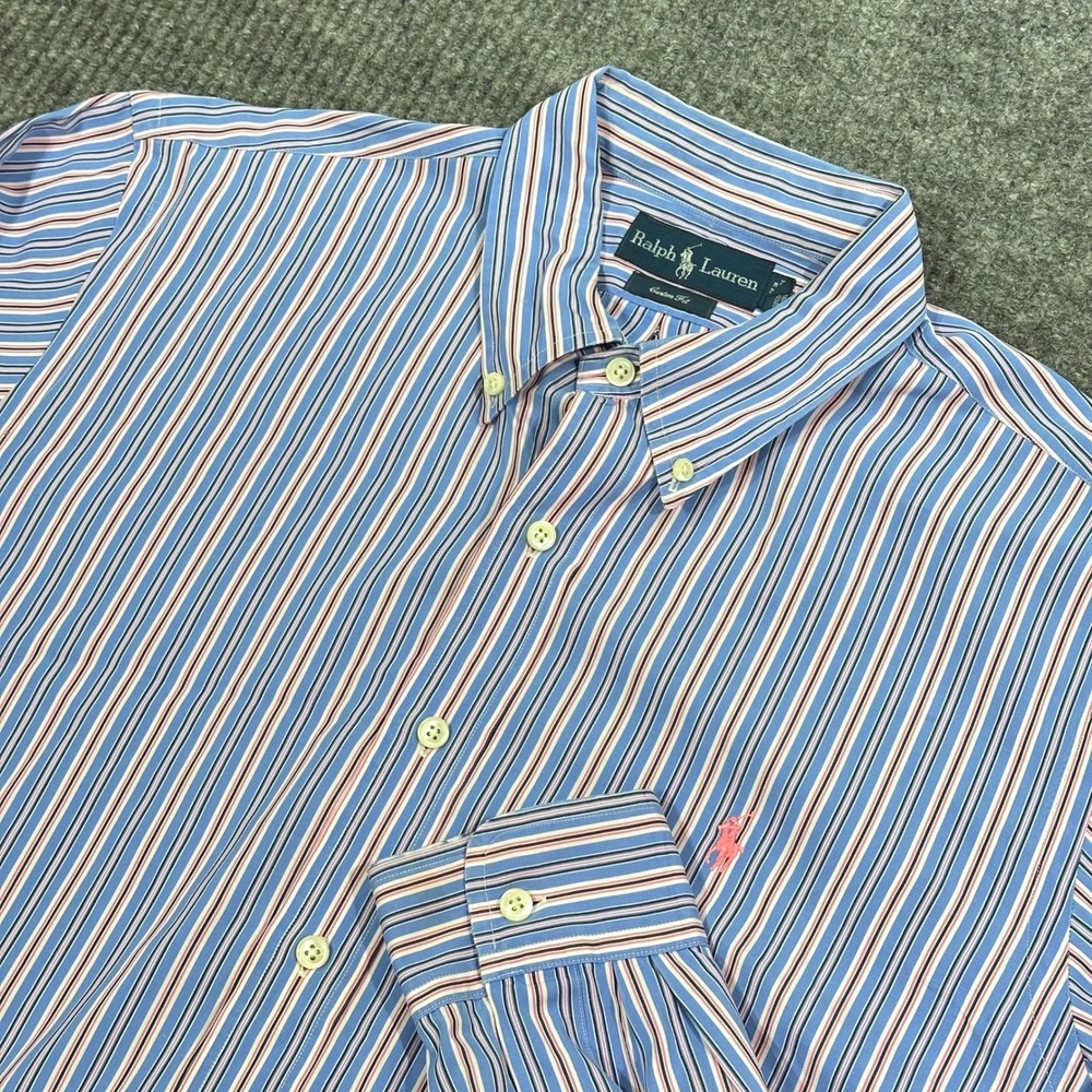 Ralph Lauren Fun Shirt Mens XL Blue Cotton Custom Fit Striped Button Down Preppy